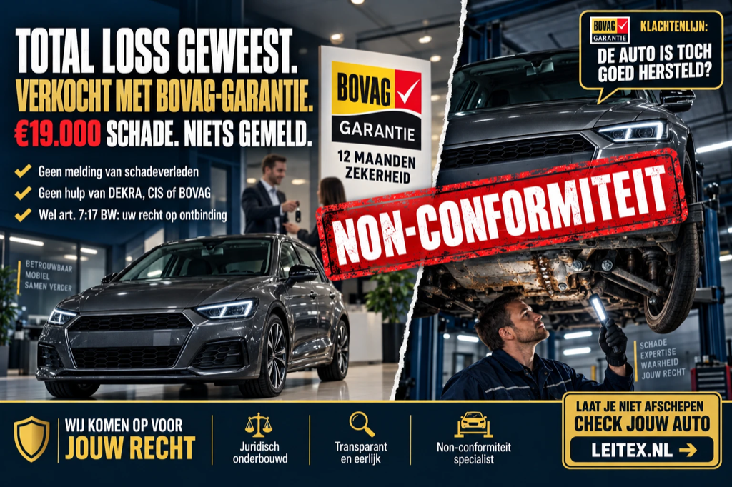 Total loss geweest, verkocht met BOVAG-garantie: links de glimmende showroomauto, rechts dezelfde auto op de brug met de kapotte onderkant, met het stempel non-conformiteit